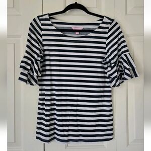 Lilly Pulitzer Lula True Navy And White Striped Short Sleeve Blouse Size Small
